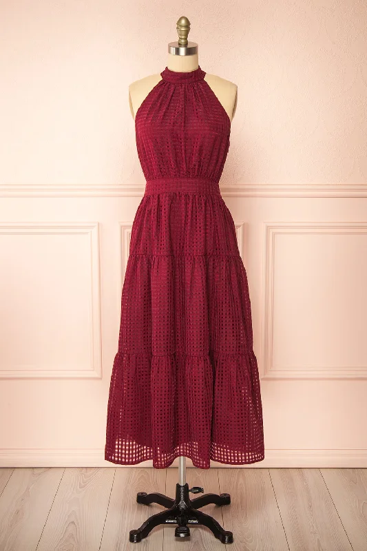 Sheath midi dresses with beaded embellishments for a formal occasionZassima | Long Burgundy Halter Dress Sheath midi dresses with beaded embellishments for a formal occasionZassima | Long Burgundy Halter Dress