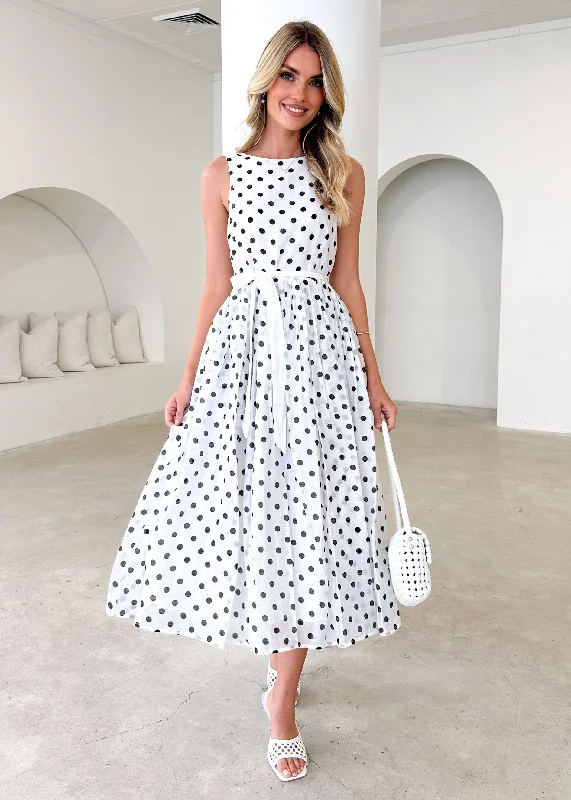 Midi dresses with ruched sleeves for a more fitted and stylish arm lookZeela Midi Dress - White Polka Midi dresses with ruched sleeves for a more fitted and stylish arm lookZeela Midi Dress - White Polka