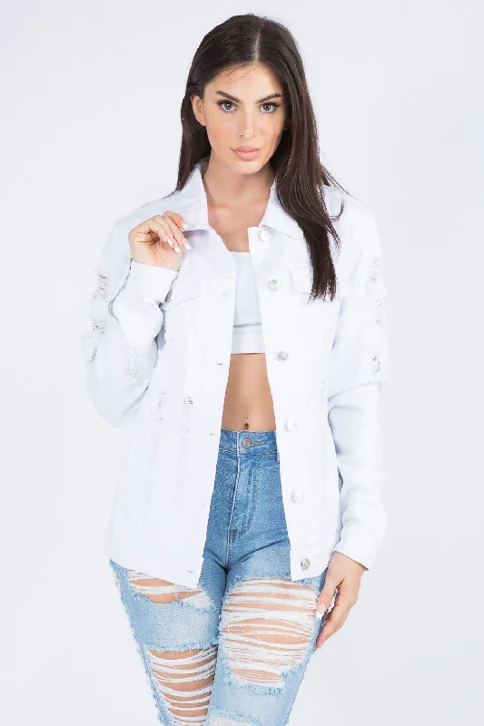 Denim Top with a Peplum Hem for a Flirty and Feminine LookAmerican Bazi Distressed Back Button Down Denim Jacket Denim Top with a Peplum Hem for a Flirty and Feminine LookAmerican Bazi Distressed Back Button Down Denim Jacket