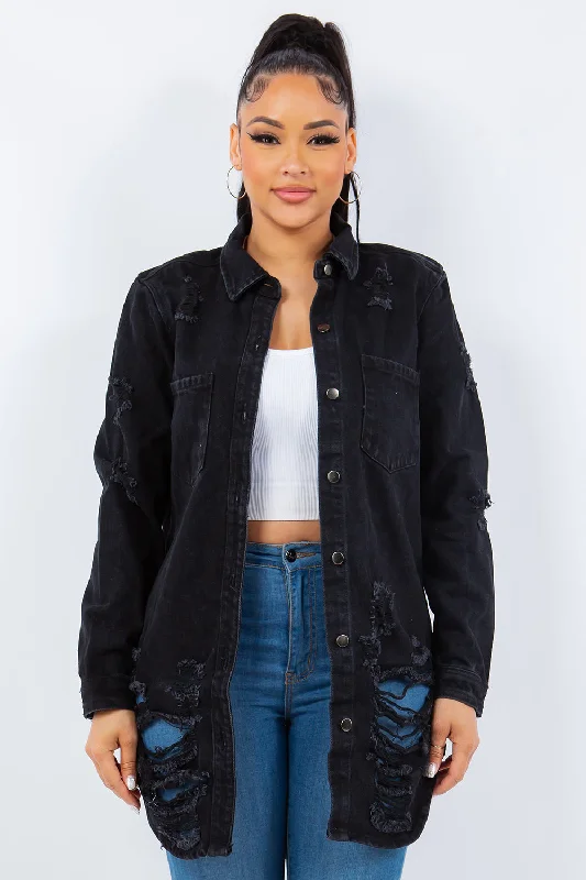 Washed - Out Denim Top for a Vintage AestheticAmerican Bazi Distressed Button Up Long Sleeve Denim Jacket Washed - Out Denim Top for a Vintage AestheticAmerican Bazi Distressed Button Up Long Sleeve Denim Jacket