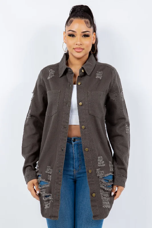 Ripped Denim Top for a Rebellious Fashion StatementAmerican Bazi Distressed Button Up Long Sleeve Denim Jacket Ripped Denim Top for a Rebellious Fashion StatementAmerican Bazi Distressed Button Up Long Sleeve Denim Jacket