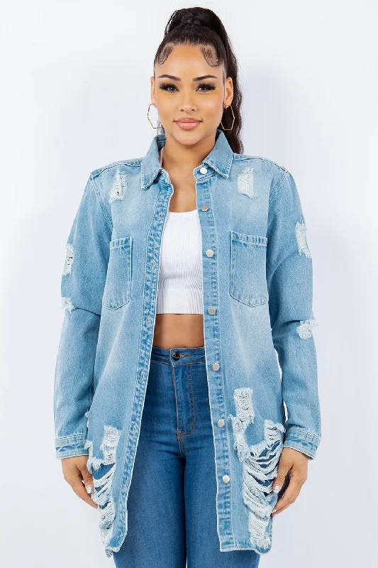 Button - Down Denim Top with a Classic DesignAmerican Bazi Distressed Button Up Long Sleeve Denim Jacket Button - Down Denim Top with a Classic DesignAmerican Bazi Distressed Button Up Long Sleeve Denim Jacket