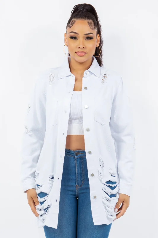 Denim Top with a Peplum Hem for a Flirty and Feminine LookAmerican Bazi Distressed Button Up Long Sleeve Denim Jacket Denim Top with a Peplum Hem for a Flirty and Feminine LookAmerican Bazi Distressed Button Up Long Sleeve Denim Jacket