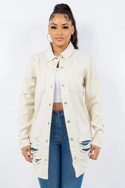 Denim Top with a Floral Print for a Feminine TouchAmerican Bazi Distressed Button Up Long Sleeve Denim Jacket Denim Top with a Floral Print for a Feminine TouchAmerican Bazi Distressed Button Up Long Sleeve Denim Jacket