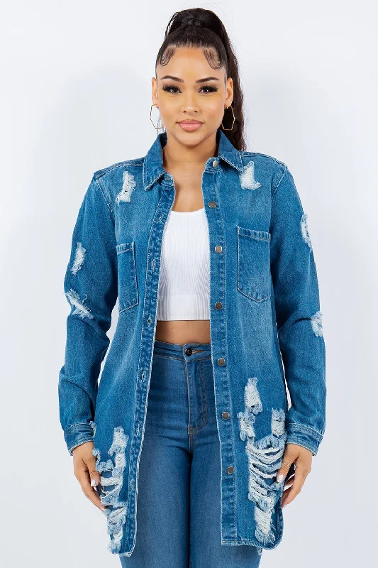 Patchwork Denim Top with a Unique and Artistic AppealAmerican Bazi Distressed Button Up Long Sleeve Denim Jacket Patchwork Denim Top with a Unique and Artistic AppealAmerican Bazi Distressed Button Up Long Sleeve Denim Jacket
