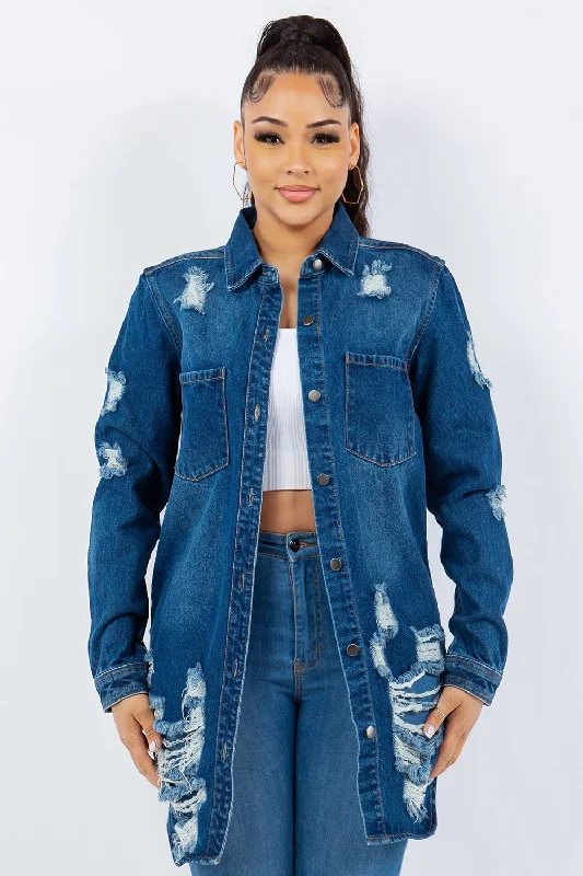 Denim Top with a Peplum Hem for a Flirty and Feminine LookAmerican Bazi Distressed Button Up Long Sleeve Denim Jacket Denim Top with a Peplum Hem for a Flirty and Feminine LookAmerican Bazi Distressed Button Up Long Sleeve Denim Jacket