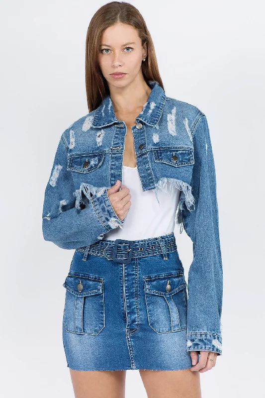 Denim Top for a Music Festival with a Rock - n - Roll VibeAmerican Bazi Distressed Denim Jacket with Frayed Hem Denim Top for a Music Festival with a Rock - n - Roll VibeAmerican Bazi Distressed Denim Jacket with Frayed Hem