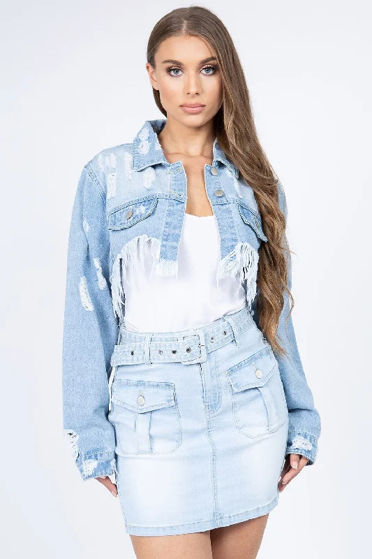 Washed - Out Denim Top for a Vintage AestheticAmerican Bazi Distressed Denim Jacket with Frayed Hem Washed - Out Denim Top for a Vintage AestheticAmerican Bazi Distressed Denim Jacket with Frayed Hem