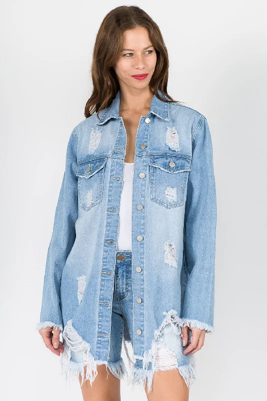 Embroidered Denim Top with Intricate PatternsAmerican Bazi Distressed Frayed Hem Denim Jacket Embroidered Denim Top with Intricate PatternsAmerican Bazi Distressed Frayed Hem Denim Jacket