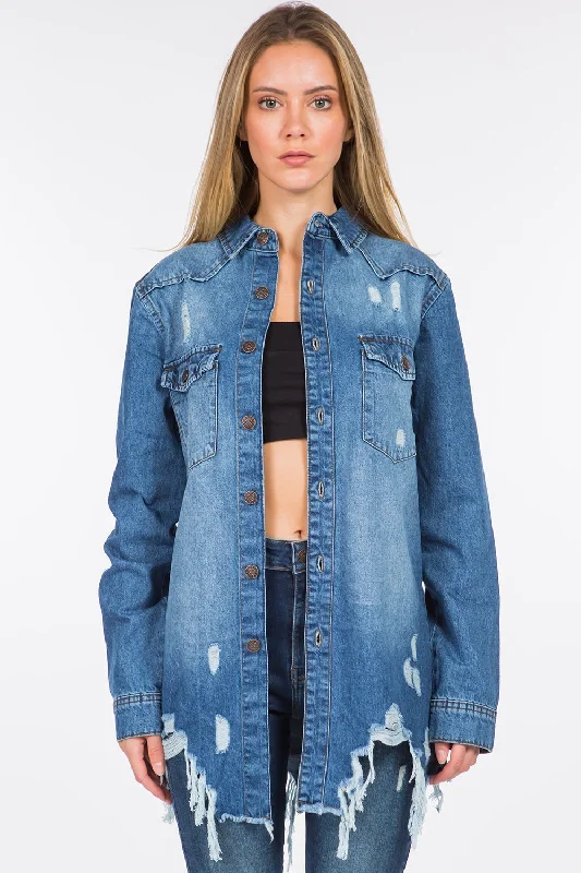Denim Top with a Peplum Hem for a Flirty and Feminine LookAmerican Bazi Distressed Frayed Hem Denim Jacket Denim Top with a Peplum Hem for a Flirty and Feminine LookAmerican Bazi Distressed Frayed Hem Denim Jacket