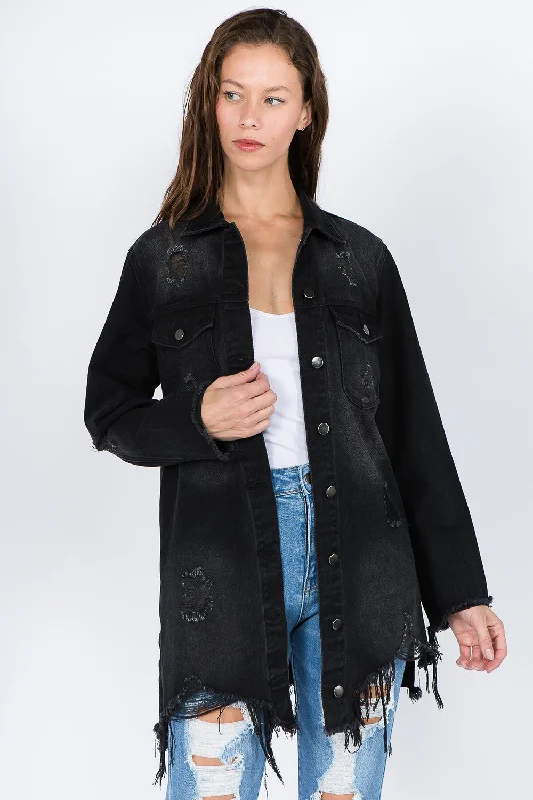 Patchwork Denim Top with a Unique and Artistic AppealAmerican Bazi Distressed Frayed Hem Denim Jacket