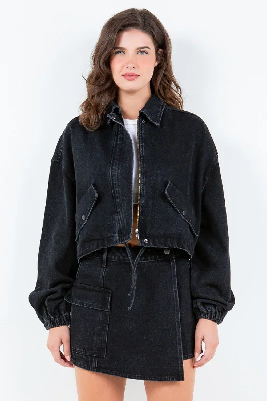Embroidered Denim Top with Intricate PatternsAmerican Bazi Drawstring Waist Crop Denim Jacket Embroidered Denim Top with Intricate PatternsAmerican Bazi Drawstring Waist Crop Denim Jacket