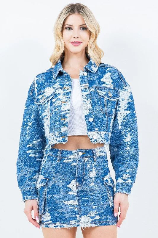 Embroidered Denim Top with Intricate PatternsAmerican Bazi Jacquard Trim Cropped Denim Jacket Embroidered Denim Top with Intricate PatternsAmerican Bazi Jacquard Trim Cropped Denim Jacket
