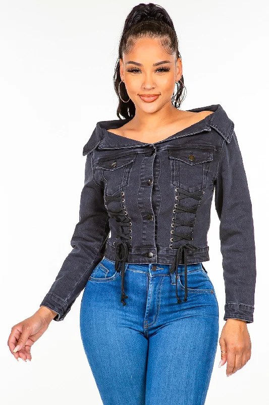 Denim Top with a Floral Print for a Feminine TouchAmerican Bazi Off Shoulder Lace Up Denim Jacket