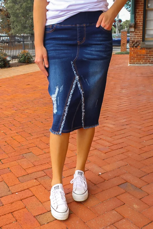 Denim skirts to pair with white t - shirts for a simple lookBecca Distressed Denim Skirt (Dk. Indigo) Denim skirts to pair with white t - shirts for a simple lookBecca Distressed Denim Skirt (Dk. Indigo)