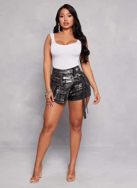 A - line denim skirts for a feminine silhouetteDaisy Foil Screen Denim Cargo Asymmetrical Skort A - line denim skirts for a feminine silhouetteDaisy Foil Screen Denim Cargo Asymmetrical Skort