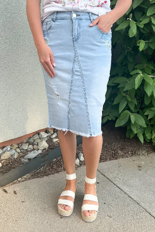 Denim skirts for beach vacations as a cover - upBrenna Distressed Denim Skirt in Lt. Wash