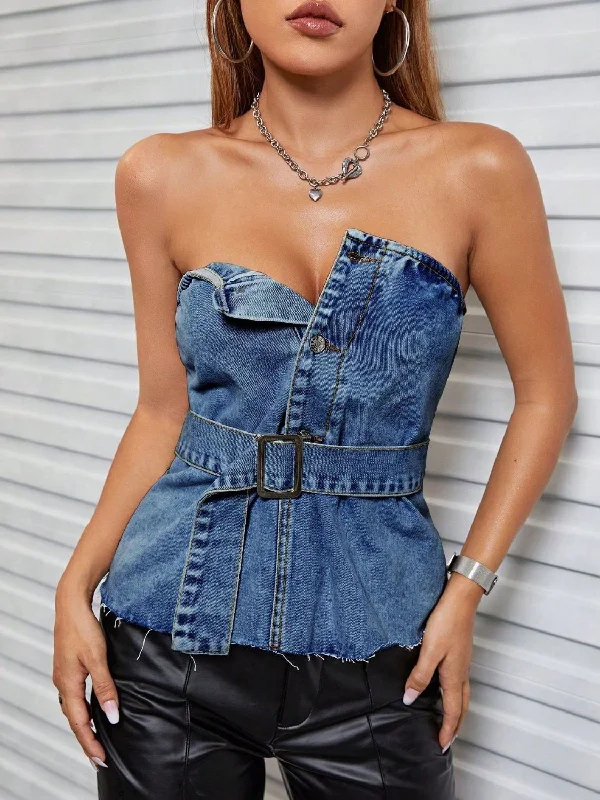 Studded Denim Top for a Glamorous and Bold StyleButtoned Raw Hem Tube Denim Top