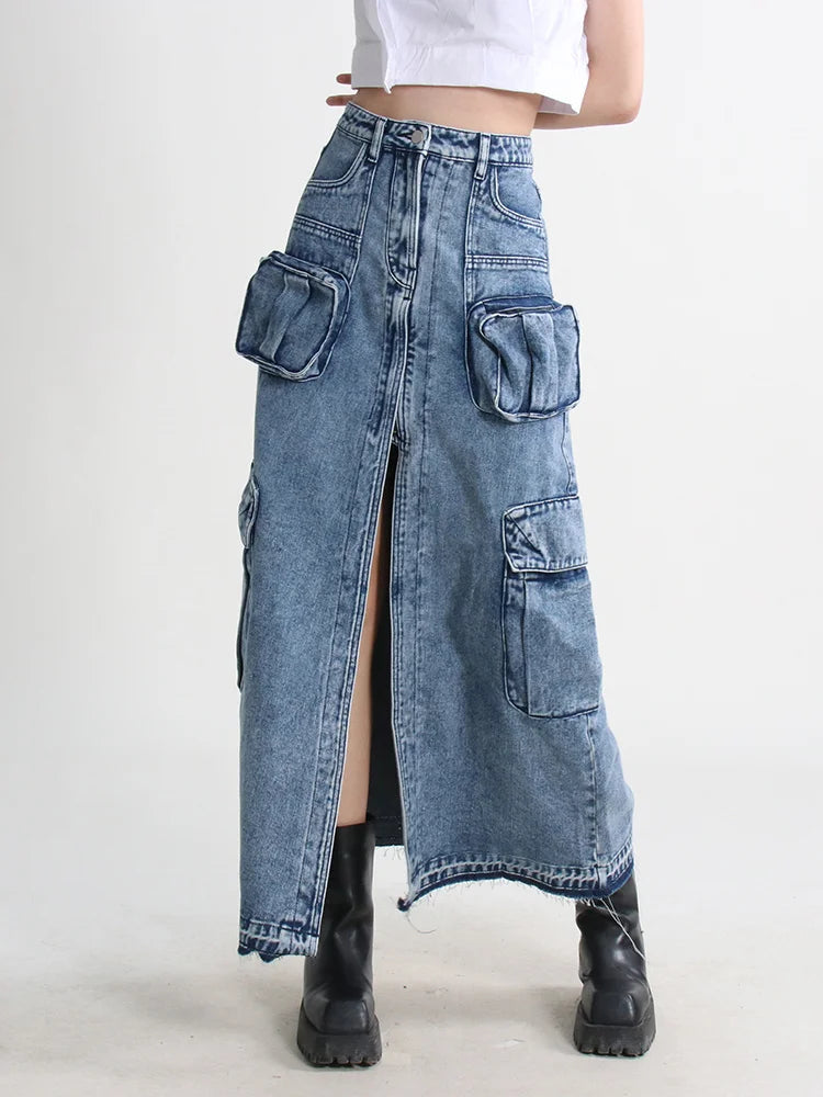 Denim skirts with leather jackets for an edgy outfitCargo Split Denim Midi Skirt