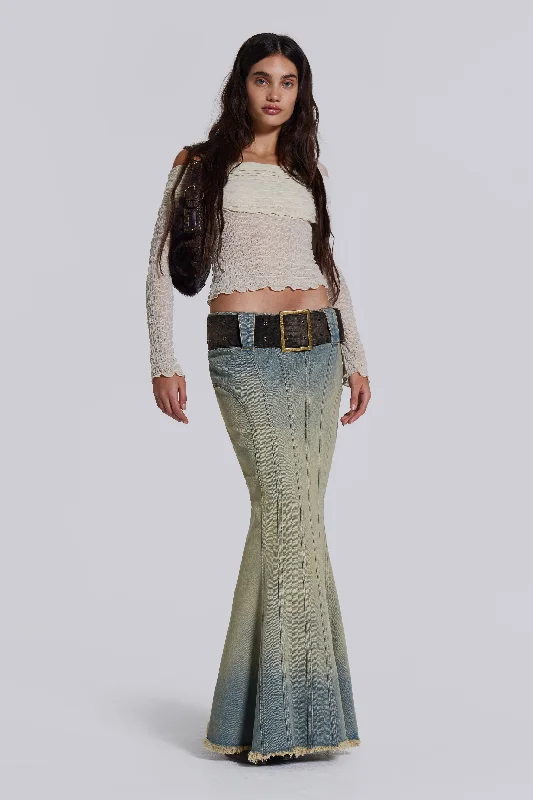 Denim skirts with fishnet tights for a bold and daring lookChelsea Denim Maxi Skirt