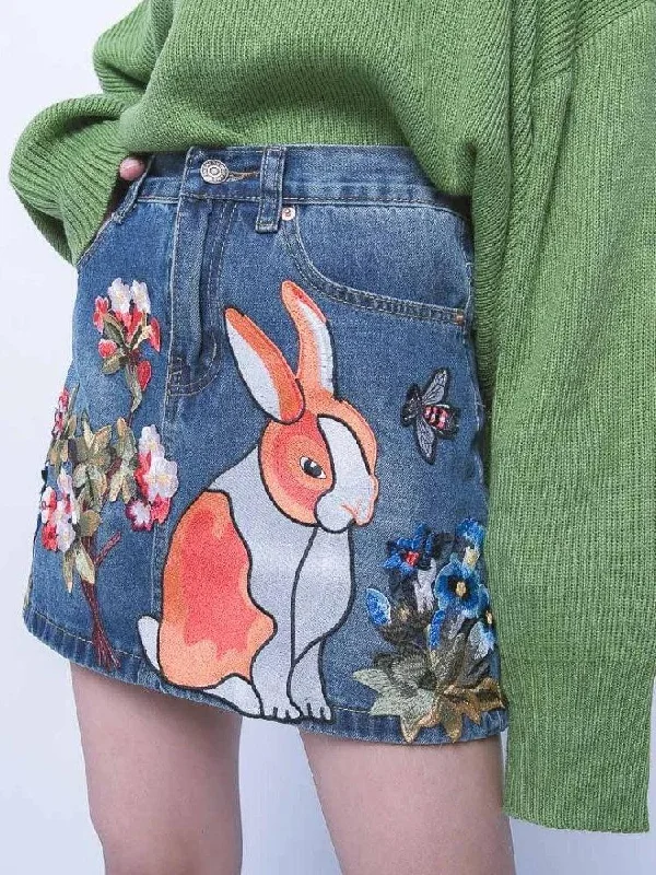 Blue denim skirts in various shadesCute Rabbit Denim Mini Skirt