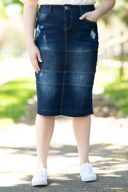 Black denim skirts for a versatile optionDakotah Distressed Moto Denim Skirt in Dk. Indigo Black denim skirts for a versatile optionDakotah Distressed Moto Denim Skirt in Dk. Indigo
