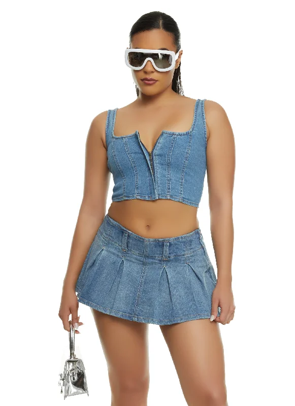 Washed - Out Denim Top for a Vintage AestheticDenim Zip Up Bustier Crop Top