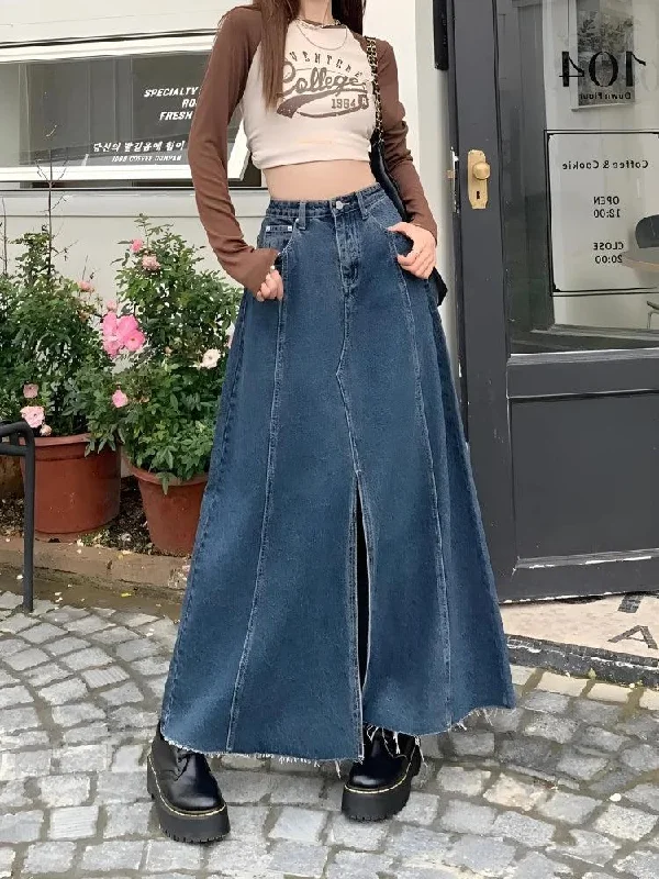 Mid - length denim skirts for a classic styleDenim Slit Frayed Hem Maxi Skirt