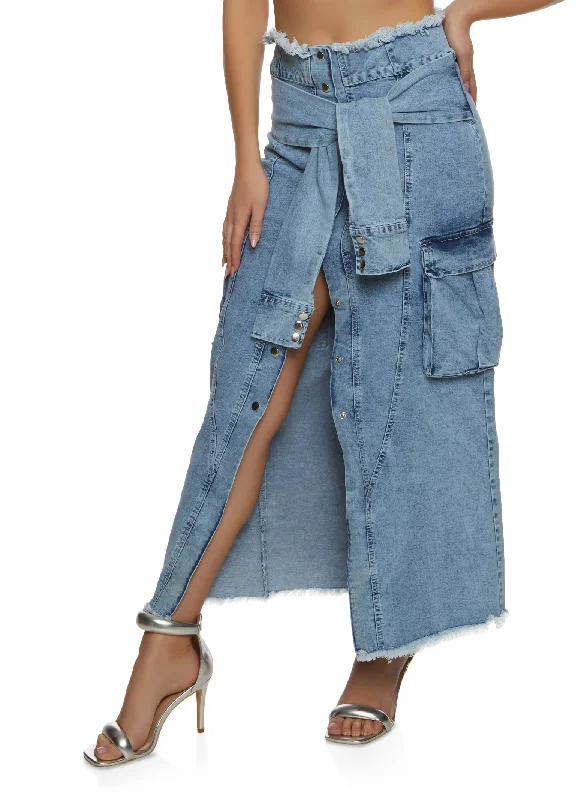 Low - rise denim skirts for a trendy lookTie Waist Frayed Hem Denim Maxi Skirt