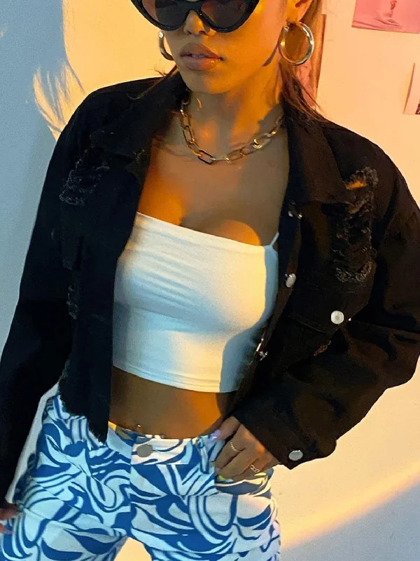 Denim Top for a Beachside Picnic with a Laid - Back StyleDistressed Collared Neck Long Sleeve Denim Top Denim Top for a Beachside Picnic with a Laid - Back StyleDistressed Collared Neck Long Sleeve Denim Top