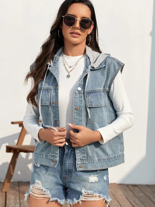 Fringed Denim Top with a Bohemian FlairDrawstring Button Up Sleeveless Denim Jacket