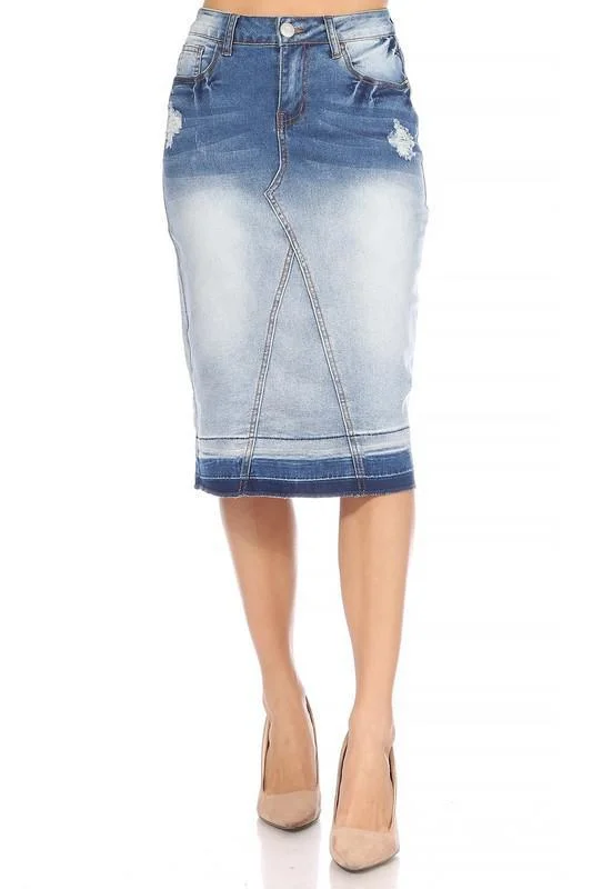 Denim skirts for women over 40 with classic stylesFaith Two-Tone Distressed Denim Skirt (FINAL SALE) Denim skirts for women over 40 with classic stylesFaith Two-Tone Distressed Denim Skirt (FINAL SALE)