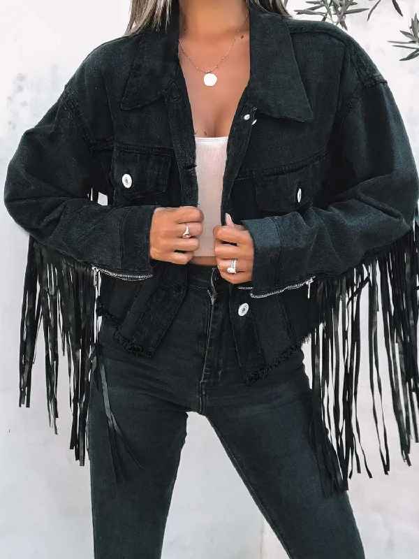 Washed - Out Denim Top for a Vintage AestheticFringe Button Up Long Sleeve Denim Jacket Washed - Out Denim Top for a Vintage AestheticFringe Button Up Long Sleeve Denim Jacket