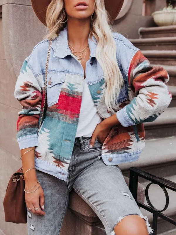Button - Down Denim Top with a Classic DesignGeometric Button Up Long Sleeve Denim Jacket Button - Down Denim Top with a Classic DesignGeometric Button Up Long Sleeve Denim Jacket
