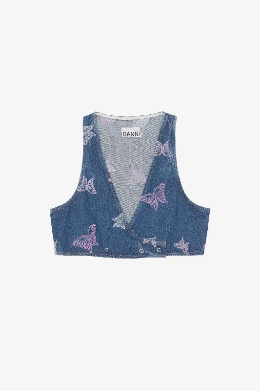 Ripped Denim Top for a Rebellious Fashion StatementEmbroidery Denim Crop Vest - Denim