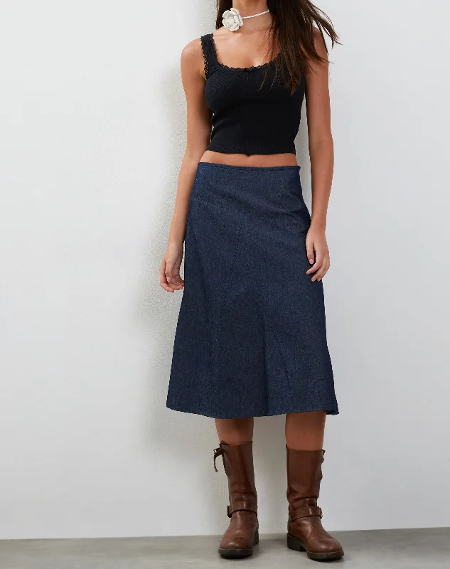 Denim skirts with cardigans for a soft and feminine lookImbrella Denim Midi Skirt in Dark Indigo Denim skirts with cardigans for a soft and feminine lookImbrella Denim Midi Skirt in Dark Indigo
