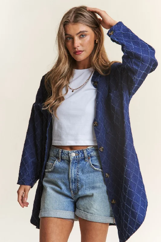 Denim Top for a Beachside Picnic with a Laid - Back StyleJ.NNA Rhombus Stitched Button Up Denim Shacket Denim Top for a Beachside Picnic with a Laid - Back StyleJ.NNA Rhombus Stitched Button Up Denim Shacket