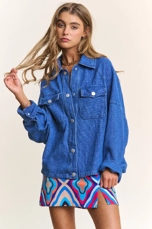 Cropped Denim Top to Pair with High - Waisted BottomsJ.NNA Snap Down Long Sleeve Denim Shacket Cropped Denim Top to Pair with High - Waisted BottomsJ.NNA Snap Down Long Sleeve Denim Shacket