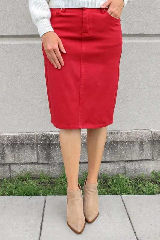 Denim skirts with leather jackets for an edgy outfitJDA Cherry Red Denim Skirt (FINAL SALE) Denim skirts with leather jackets for an edgy outfitJDA Cherry Red Denim Skirt (FINAL SALE)