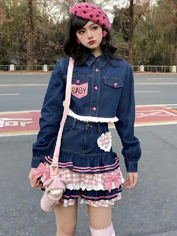 Denim skirts with sneakers for a sporty lookKawaii Layered Denim Mini Skirt