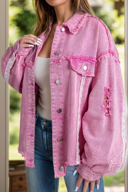 Cropped Denim Top to Pair with High - Waisted BottomsLace Detail Distressed Raw Hem Long Sleeve Denim Jacket Cropped Denim Top to Pair with High - Waisted BottomsLace Detail Distressed Raw Hem Long Sleeve Denim Jacket