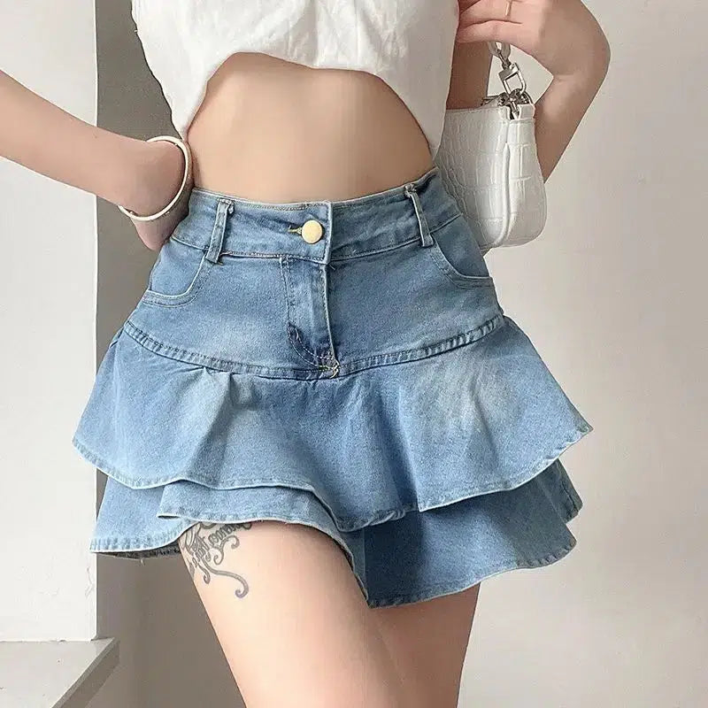 Plus - size denim skirts for a comfortable fitLayered Ruffled Denim Mini Skirt