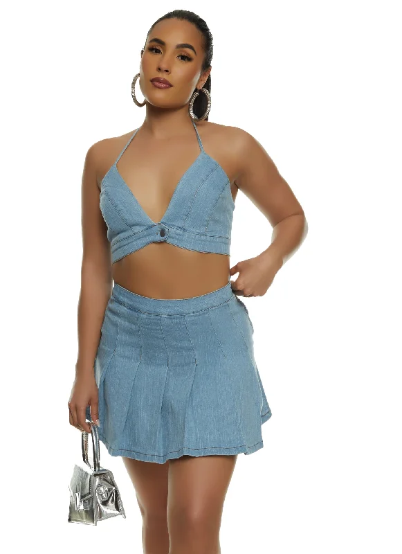 Denim skirts for office wear with a professional touchHaute Monde Denim Pleated Skirt Denim skirts for office wear with a professional touchHaute Monde Denim Pleated Skirt
