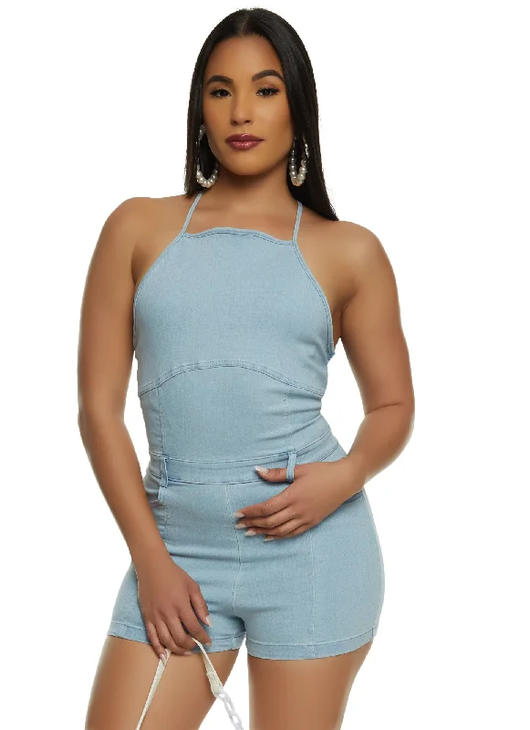 Denim Top with a Collared Neckline for a Preppy StyleSleeveless Halter Denim Romper
