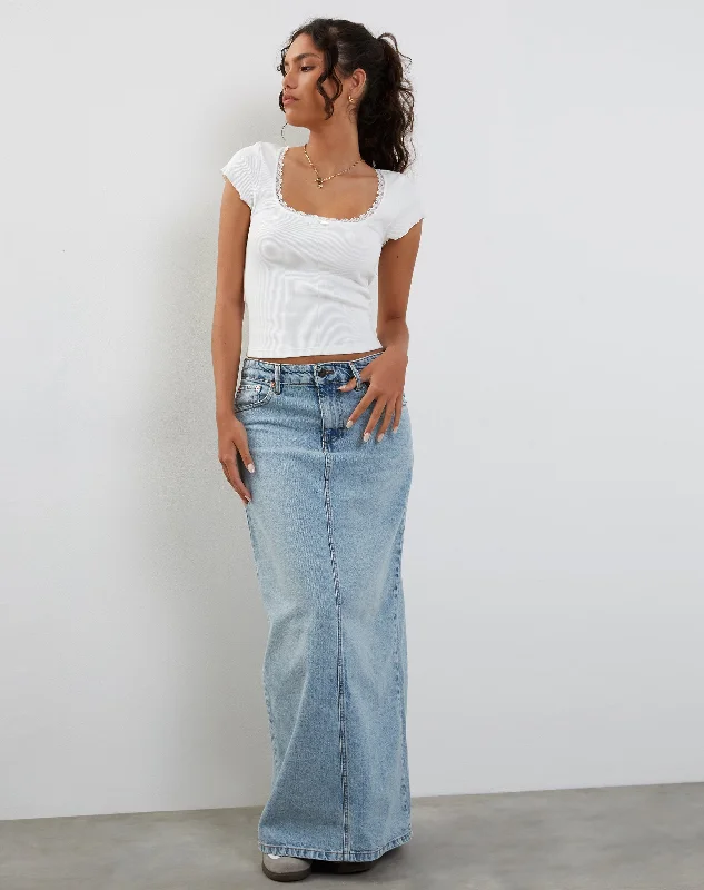 Denim skirts with belt loops for accessorizingLow Rise Denim Maxi Skirt in Bleach Denim Denim skirts with belt loops for accessorizingLow Rise Denim Maxi Skirt in Bleach Denim