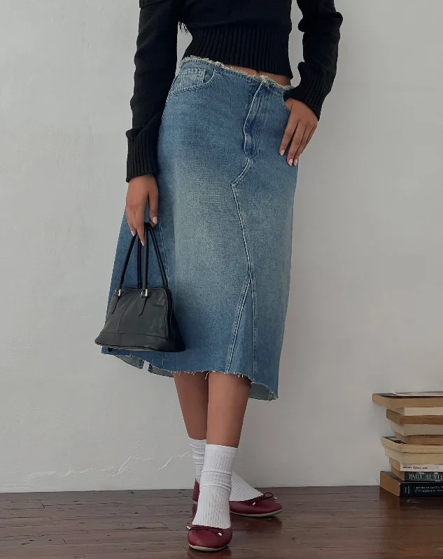 A - line denim skirts for a feminine silhouetteLow Rise Denim Midi Skirt in Vintage Blue Green A - line denim skirts for a feminine silhouetteLow Rise Denim Midi Skirt in Vintage Blue Green