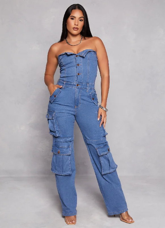 Denim Top with a Peplum Hem for a Flirty and Feminine LookDaisy Solid Strapless Cargo Denim Jumpsuit