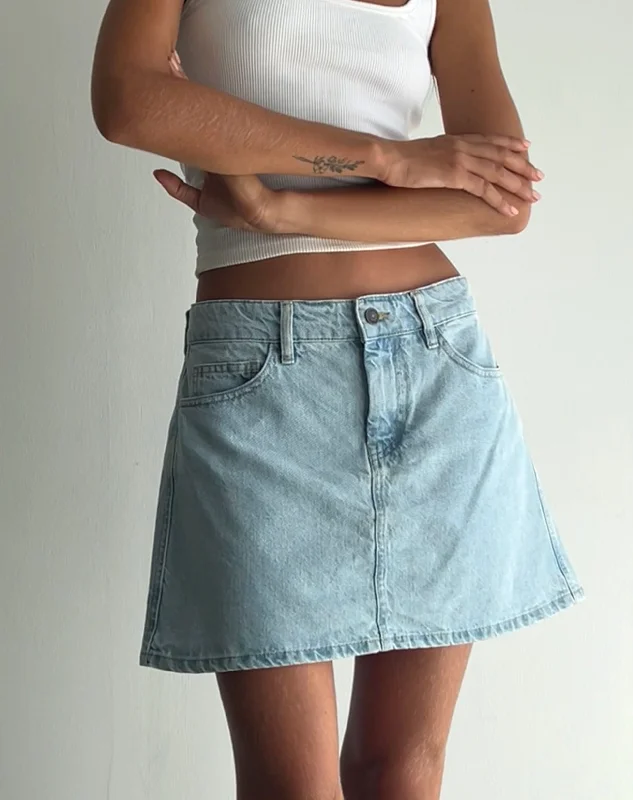 Denim skirts with leather jackets for an edgy outfitMini A-Line Skirt in Denim Blue Bleach