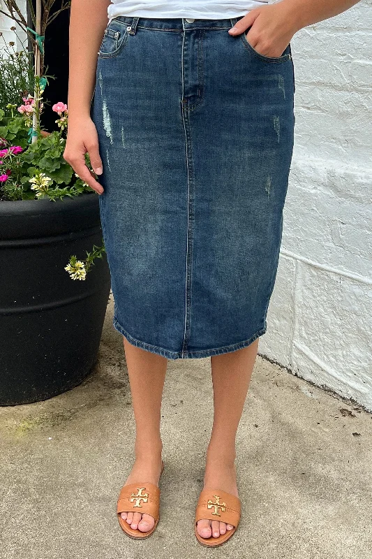 Maternity denim skirts for expecting mothersPiper Distressed Denim Skirt in Dk. Indigo (Final Sale)