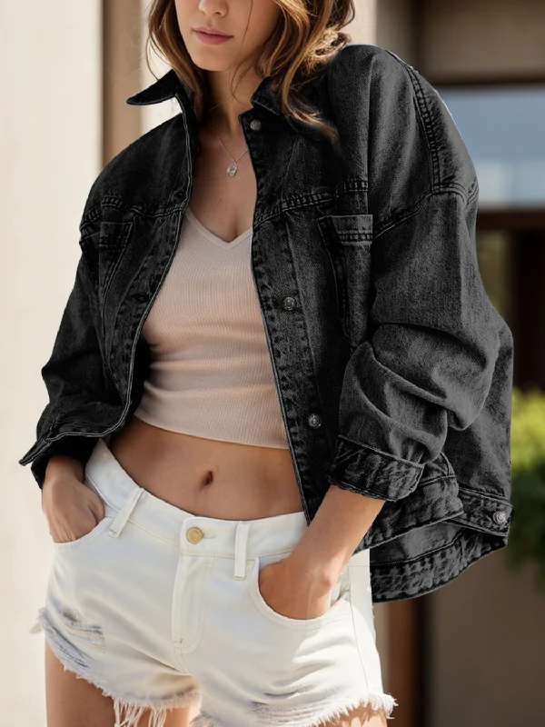 Washed - Out Denim Top for a Vintage AestheticPocketed Button Up Denim Jacket